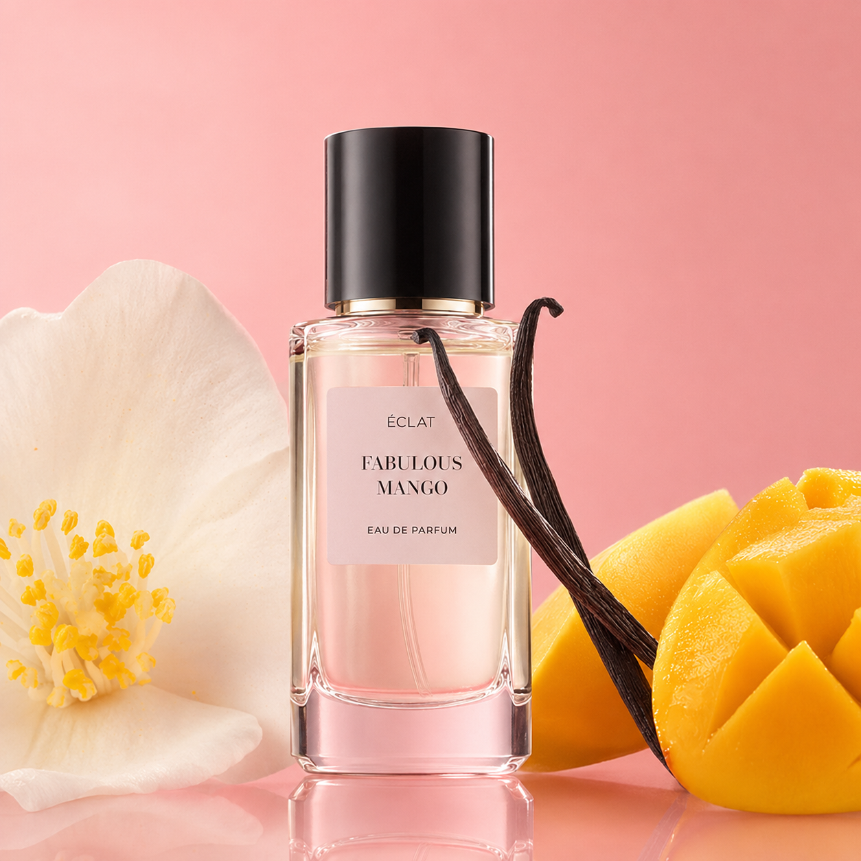 Flakon perfum ÉCLAT Fabulous Mango z czarną nakrętką otoczony jest białym kwiatem, laską wanilii i pokrojonym mango na różowym tle.