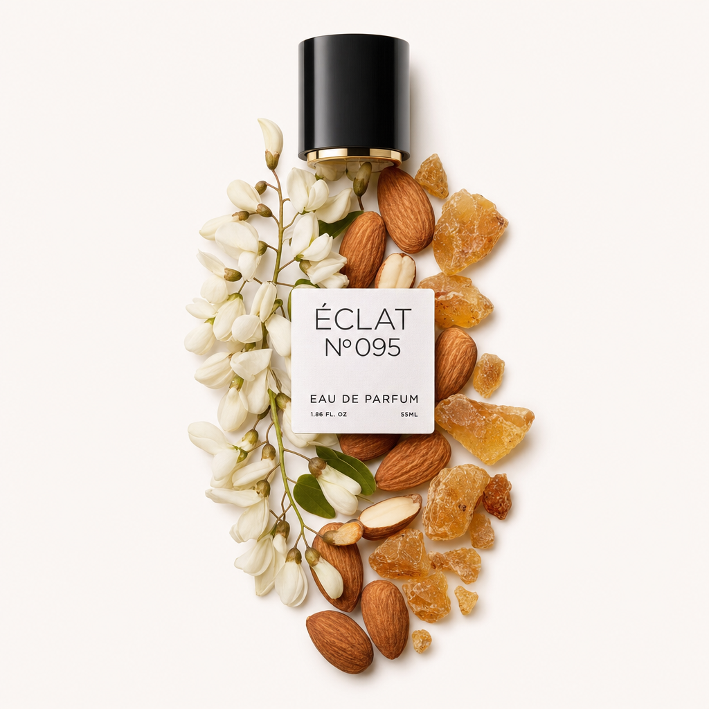 Kompozycja z kwiatów migdałowca, całych migdałów i żywic w kolorze bursztynowym otacza czarną nakrętkę z etykietą ÉCLAT Floral Almond.