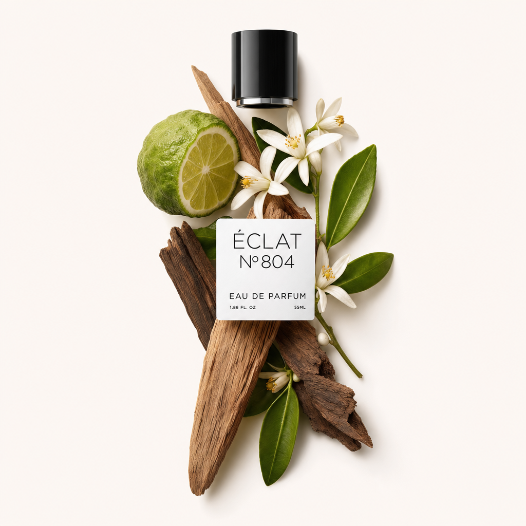 Układ z bergamotki, białych kwiatów, zielonych liści i kawałków drewna otacza czarną zakrętkę z etykietą ÉCLAT Floral Bergamot.