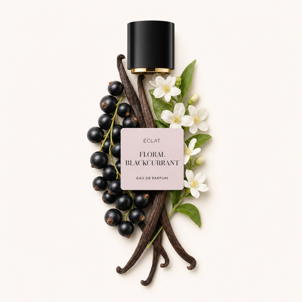 Aranżacja z czarnych porzeczek, strąków wanilii i białych kwiatów otacza czarną nasadkę z etykietą ÉCLAT Floral Blackcurrant.