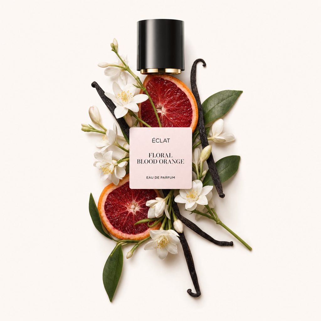 Ułożenie świeżych plastrów krwawej pomarańczy, białych kwiatów i lasek wanilii, z czarną zakrętką i etykietą ÉCLAT Floral Blood Orange.