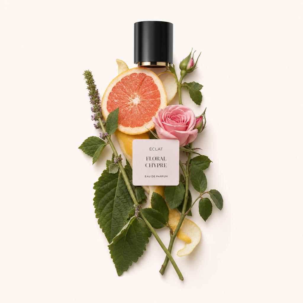 Aranżacja składników dla ÉCLAT Floral Chypre z czarną nakrętką; zawiera różę, grejpfrut, miętę i liście.
