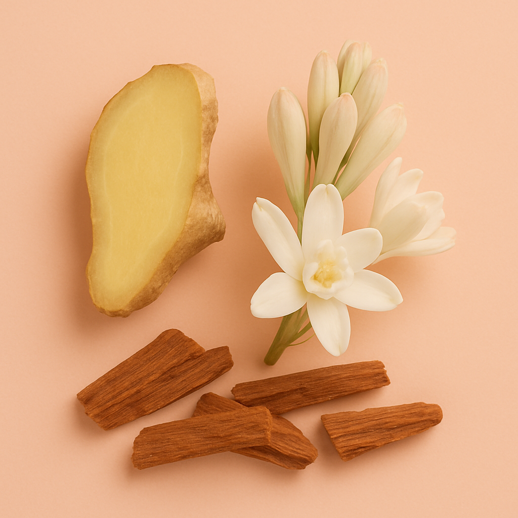 Kompozycja z plasterkiem imbiru, białymi kwiatami i kawałkami drewna reprezentującymi zapach ÉCLAT Floral Ginger.