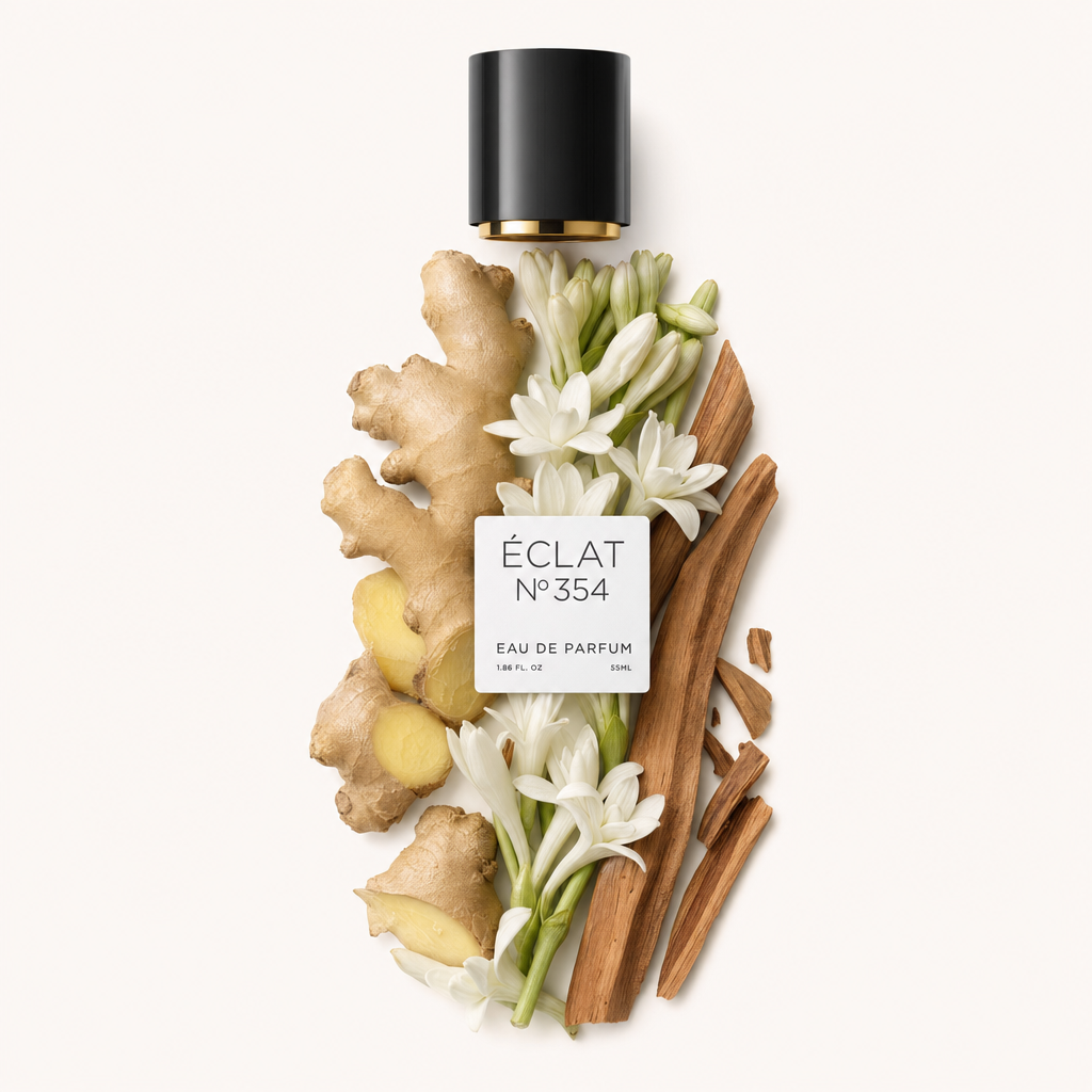 Kompozycja z korzeni imbiru, białych kwiatów i lasek cynamonu pod czarną nakrętką z etykietą ÉCLAT Floral Ginger.