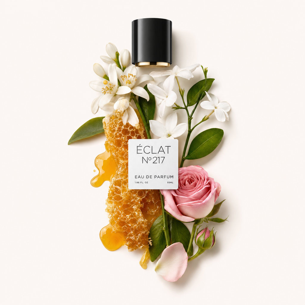 Kompozycja z kwiatów jaśminu, różowej róży i plastra miodu z czarną nakrętką na górze. Etykieta głosi ÉCLAT Floral Honey.