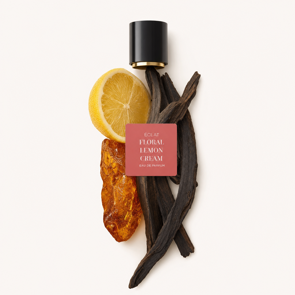 Układ z połowy cytryny, żywicy bursztynowej i lasek wanilii z czarną nakrętką pokazującą etykietę ÉCLAT Floral Lemon Cream.
