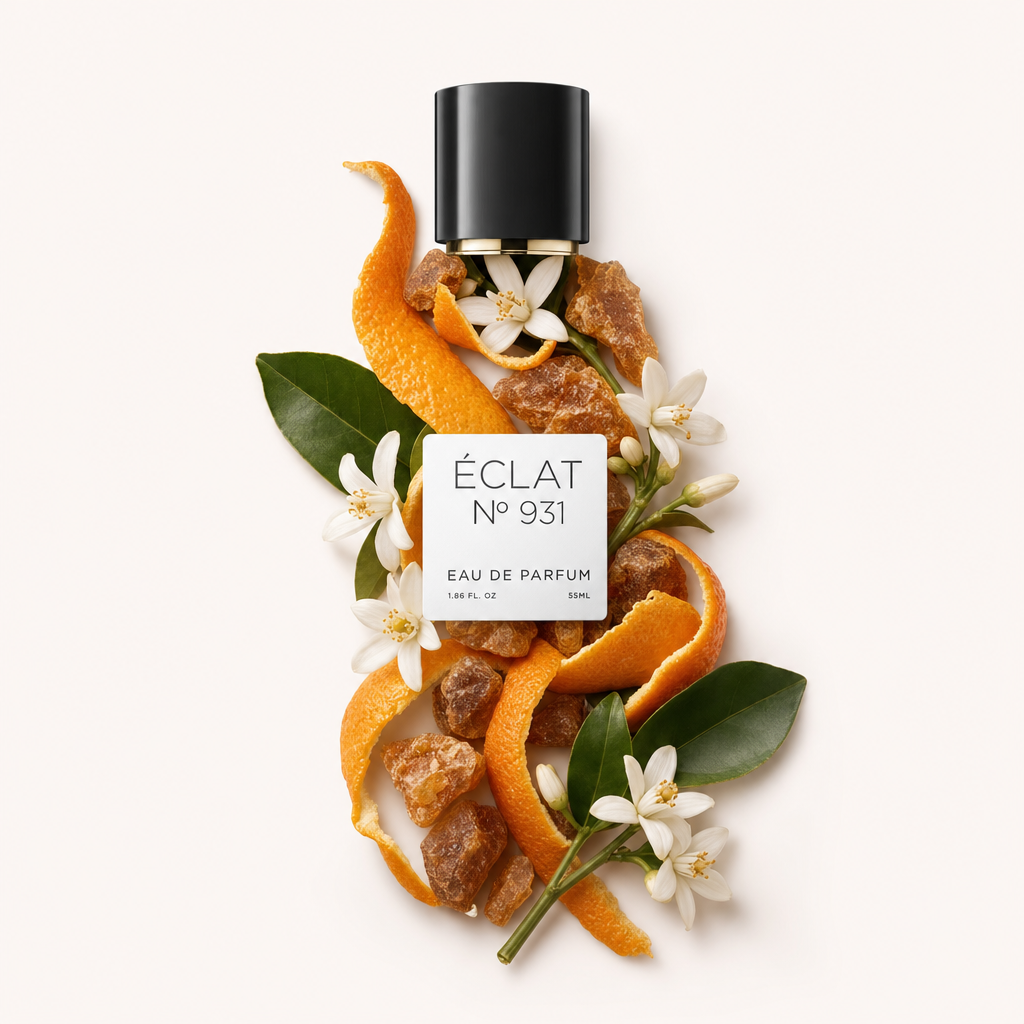 Kompozycja z pomarańczowych skórek, białych kwiatów i kawałków żywicy otacza czarną nakrętkę z etykietą, ÉCLAT Floral Neroli.