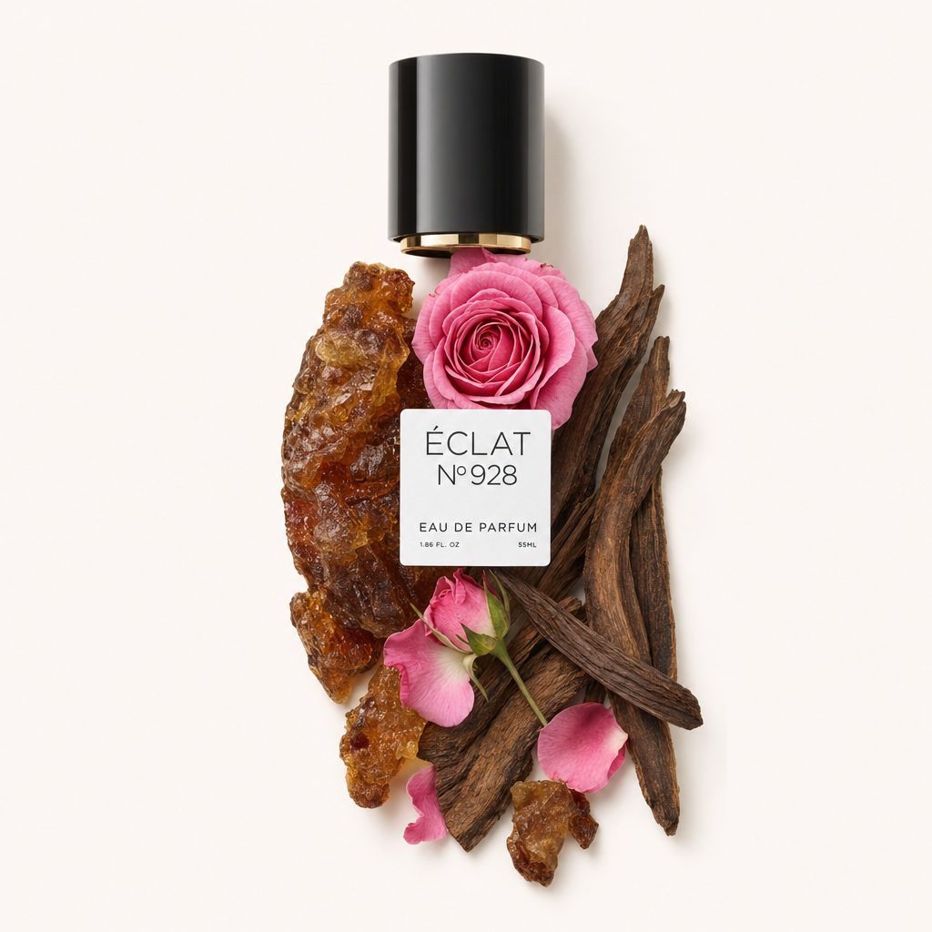 Aranżacja składników ÉCLAT Floral Oud z czarną nakrętką i etykietą, z różową różą, drewnem oud i żywicą bursztynową.