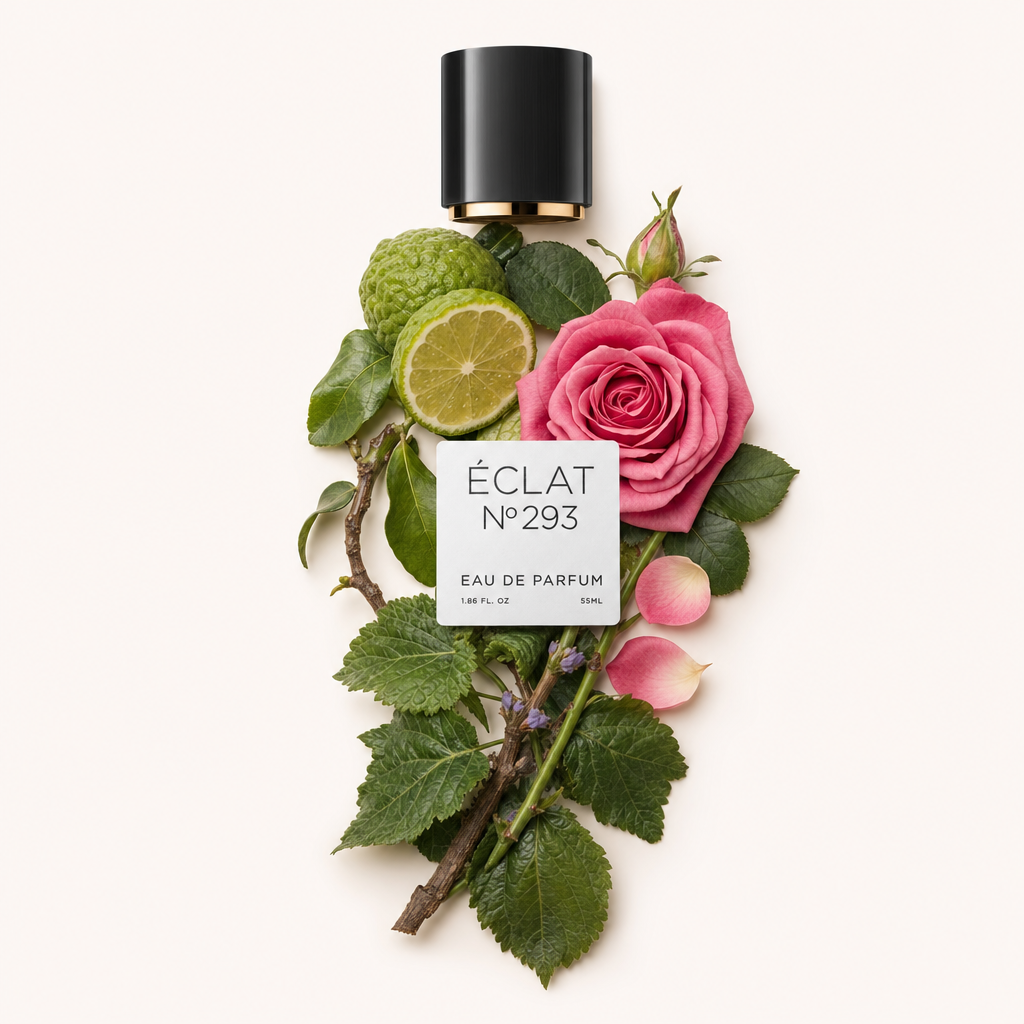 Czarna nakrętka z etykietą leży nad aranżacją z różowej róży, plasterków limonki i zielonych liści, reprezentując ÉCLAT Floral Patchouli.