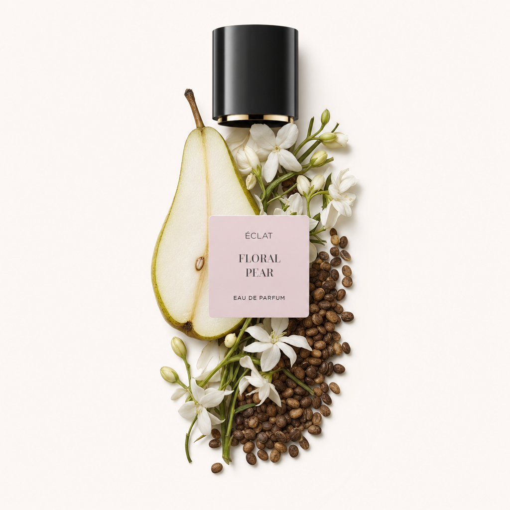 Aranżacja z połówki gruszki, ziaren kawy i białych kwiatów otacza czarną nakrętkę z etykietą ÉCLAT Floral Pear.