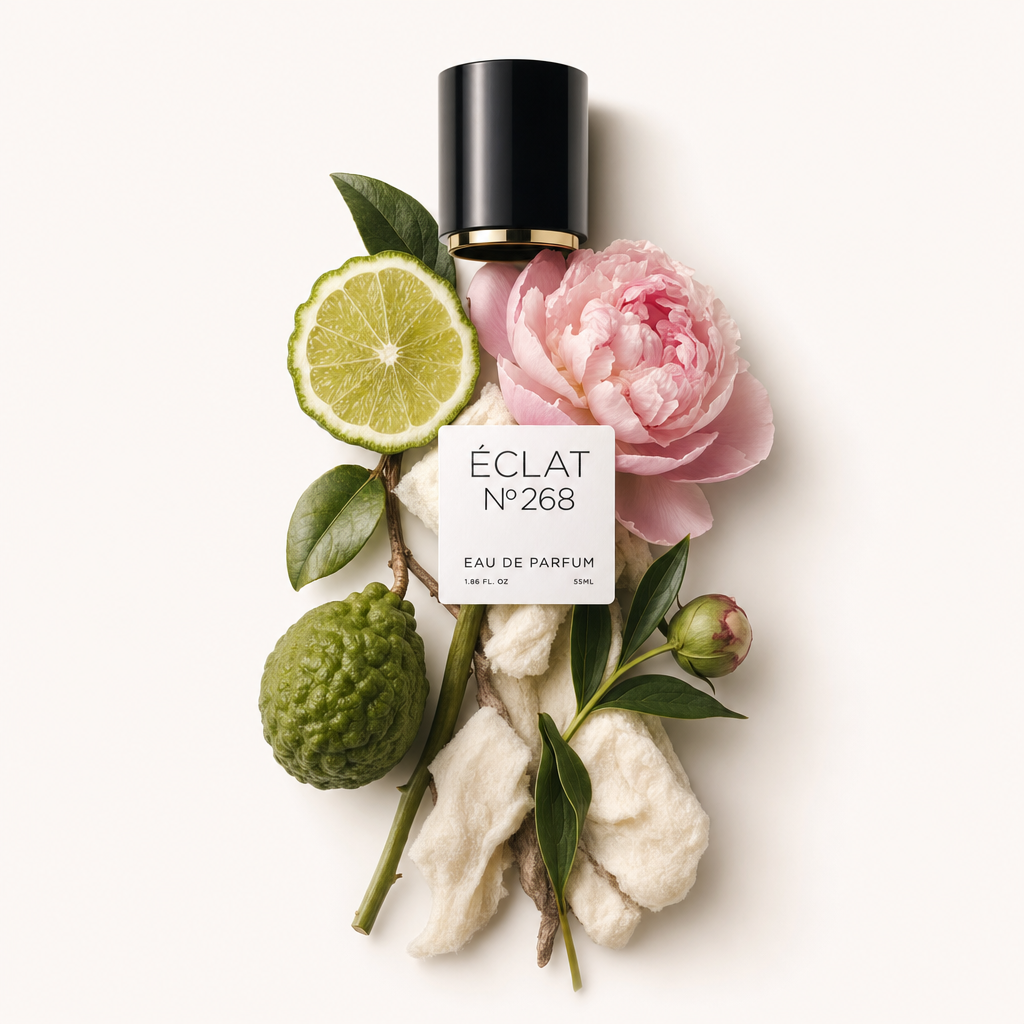 Kompozycja bergamotki, limonki, piwonii i elementów roślinnych otacza czarną nakrętkę z etykietą ÉCLAT Floral Peony.