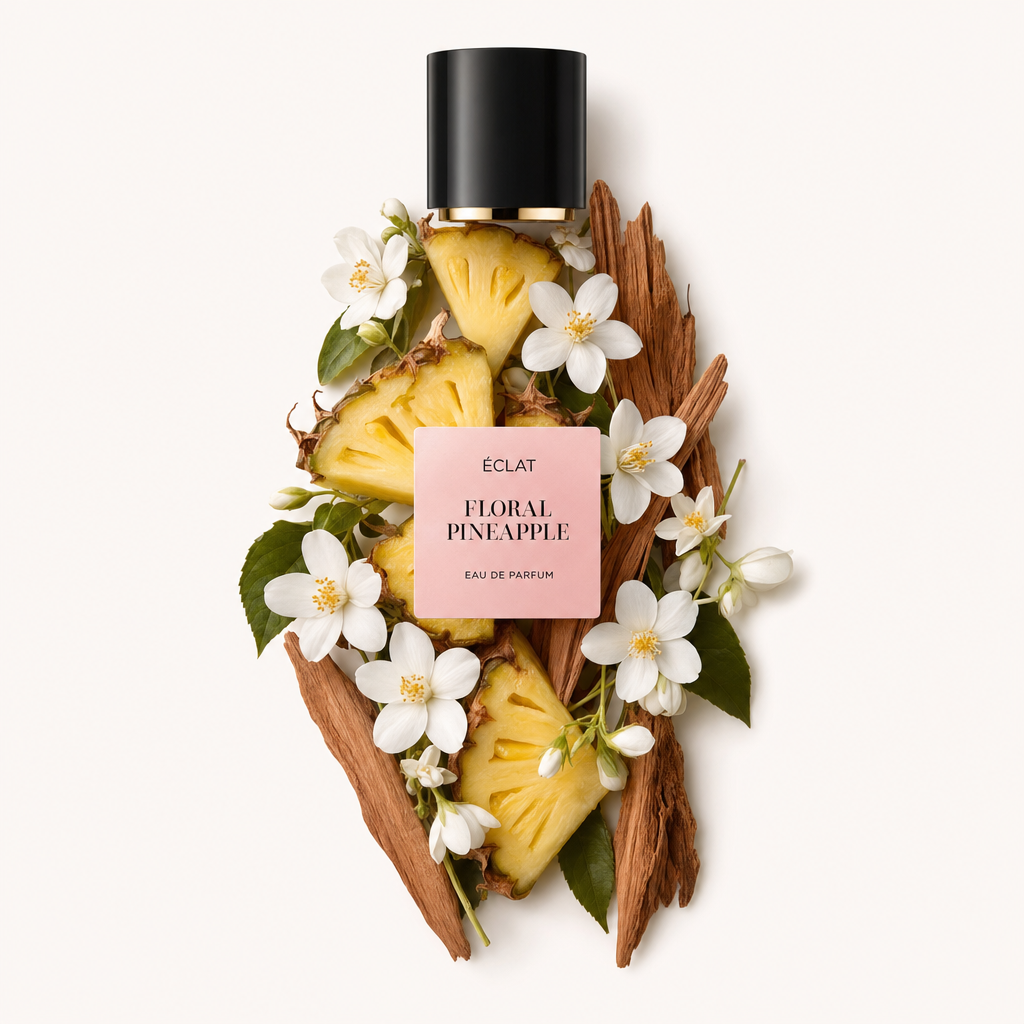 Kompozycja z plastrów świeżego ananasa, delikatnych białych kwiatów i fakturowanego drewna otacza czarną nasadkę z etykietą ÉCLAT Floral Pineapple.