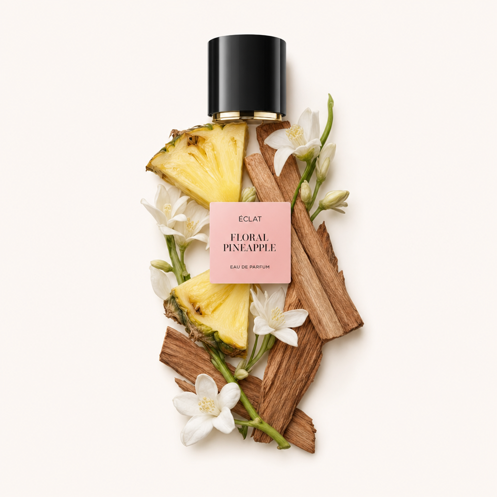 Kompozycja z plastrów ananasa, białych kwiatów i drewnianych patyczków otacza czarną nakrętkę z etykietą ÉCLAT Floral Pineapple.