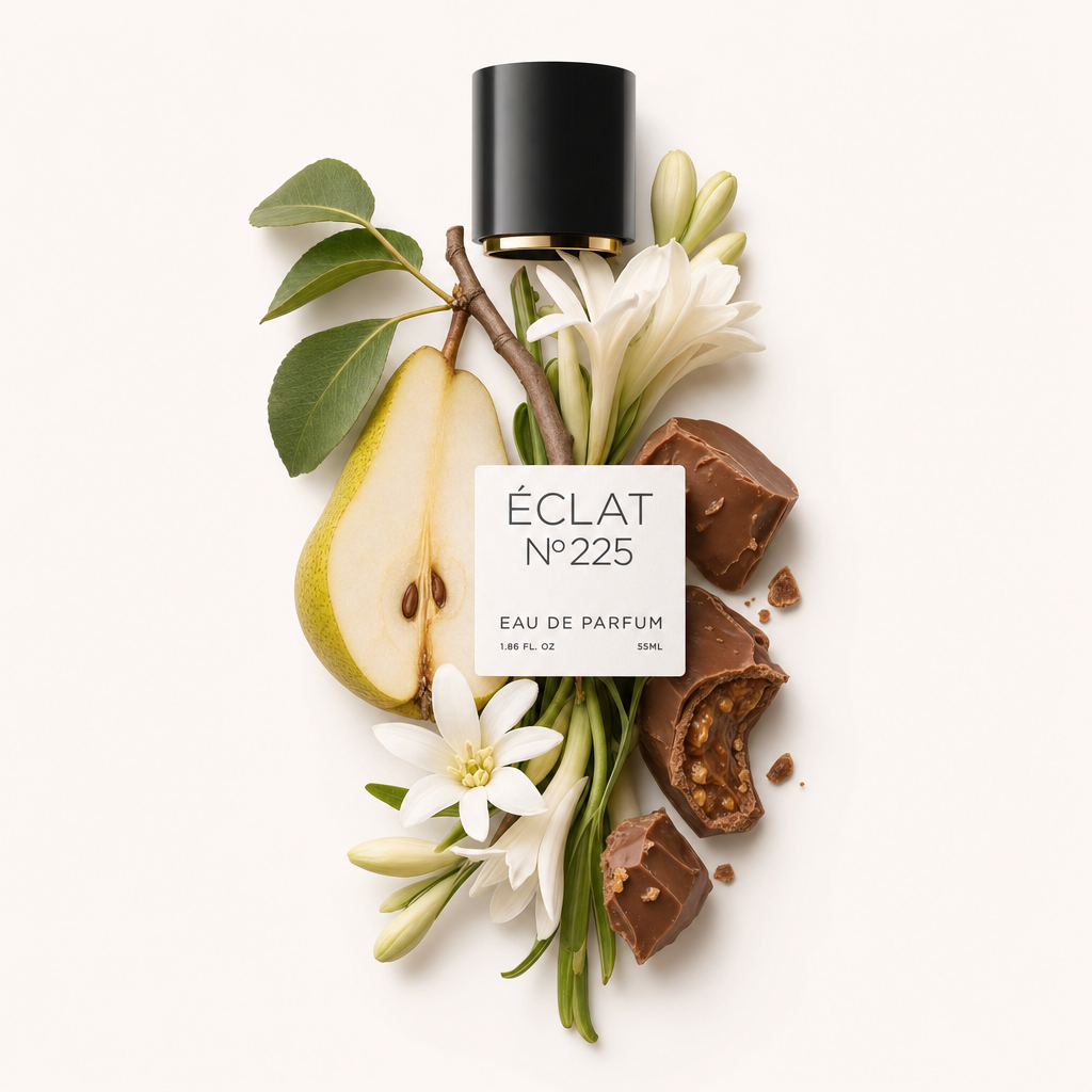 Kompozycja z plastra gruszki, białych kwiatów i czekoladowej praliny otacza czarną nakrętkę z etykietą ÉCLAT Floral Praline.
