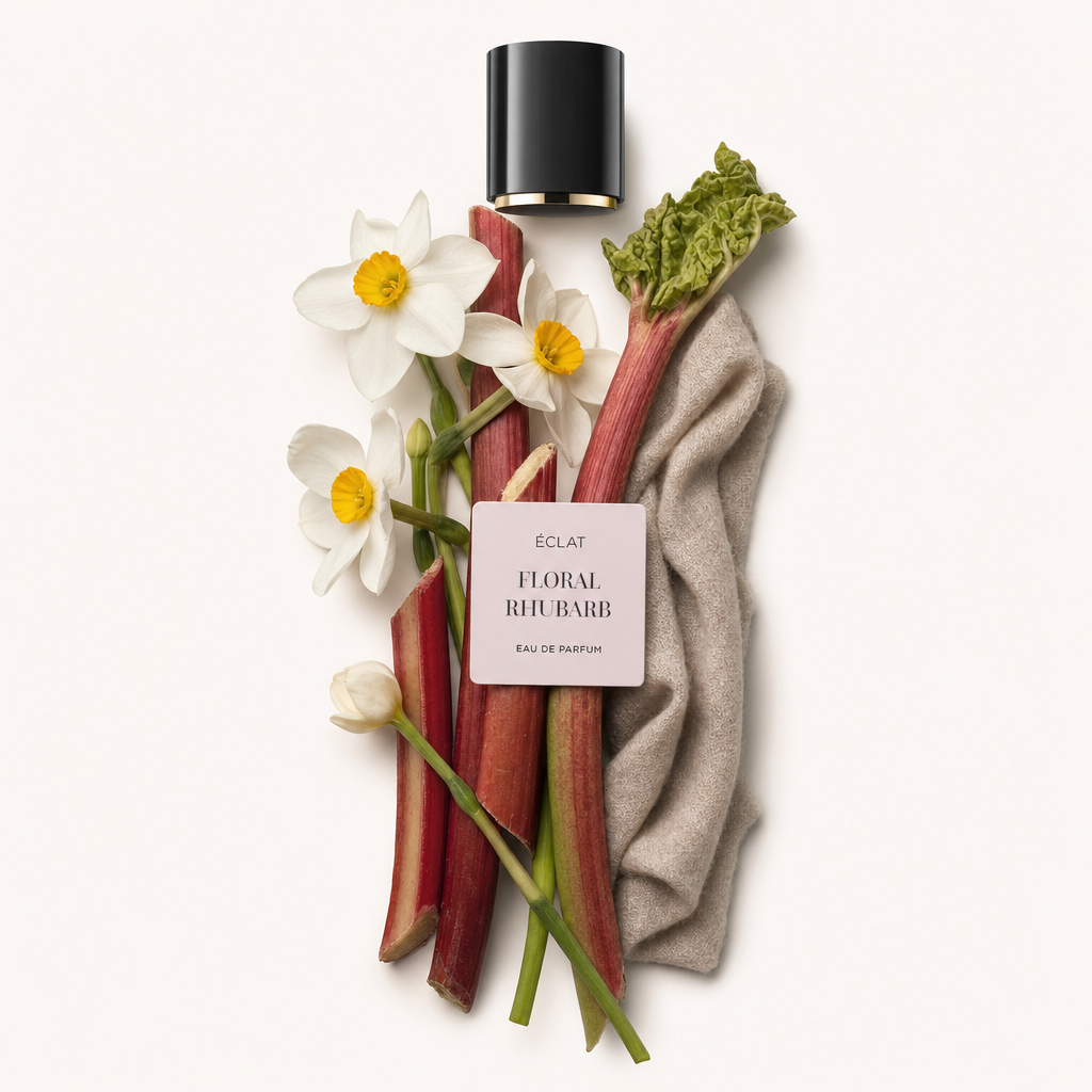 Aranżacja z łodyg rabarbaru, białych narcyzów i beżowej tkaniny, z czarną nakrętką z etykietą ÉCLAT Floral Rhubarb na górze.