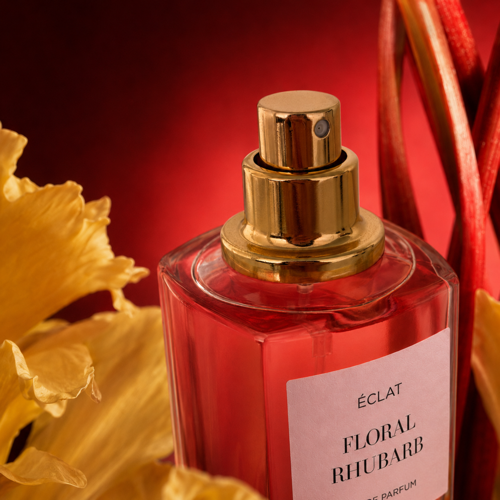 Flakon perfum ÉCLAT Floral Rhubarb ze złotą nakrętką, otoczony żółtymi kwiatami i rabarbarem, na czerwonym tle.