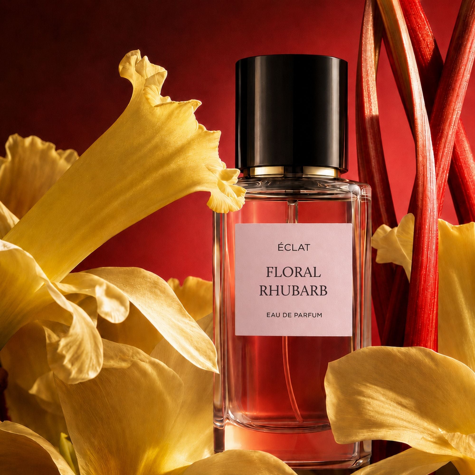 Flakon perfum ÉCLAT Floral Rhubarb jest prezentowany, z eleganckim szklanym designem i czarną nakrętką, otoczony żywymi żółtymi kwiatami i łodygami rabarbaru na czerwonym tle.
