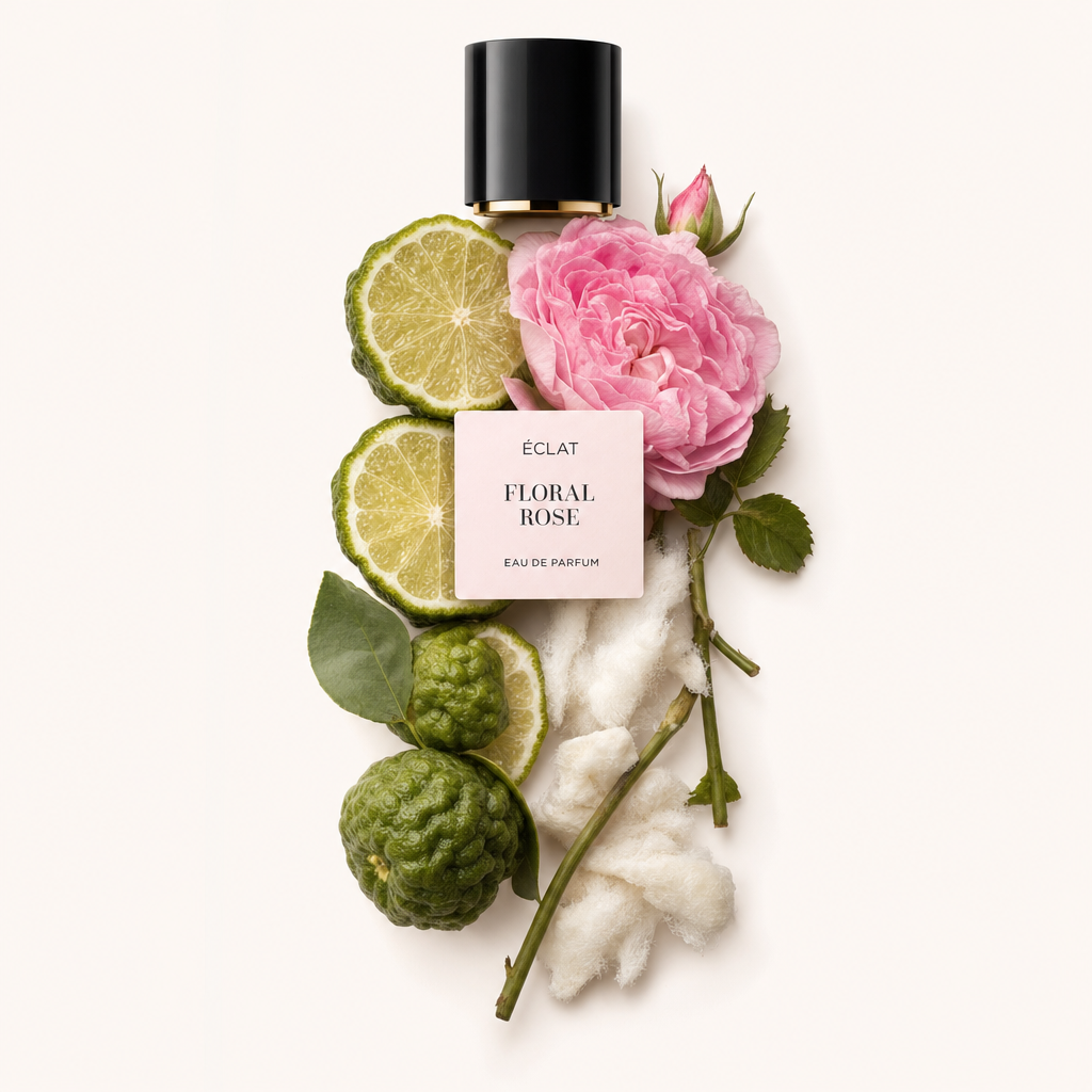 Kompozycja z plastrów świeżej bergamotki, różowej róży i włókien bawełny, obok czarnej nakrętki z etykietą ÉCLAT Floral Rose.