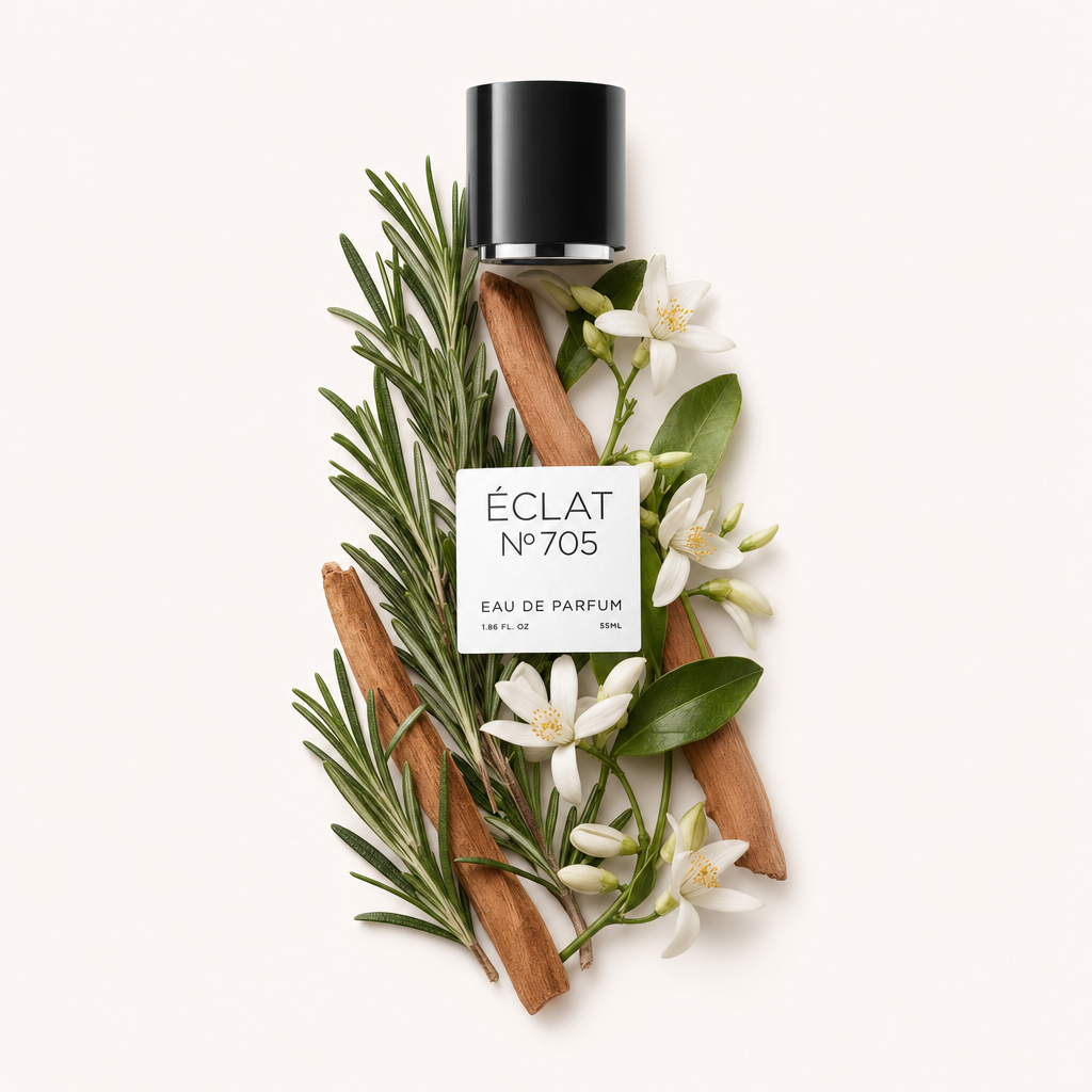 Aranżacja z gałązek rozmarynu, białych kwiatów i patyczków z sandałowca otacza czarną nakrętkę z etykietą ÉCLAT Floral Sandalwood.