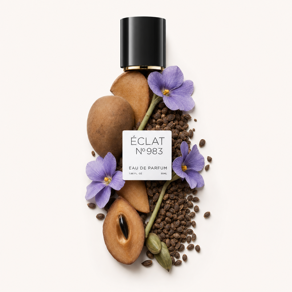 Starannie ułożona kompozycja z składników sapodilla, fioletowych kwiatów i nasion otacza czarną nakrętkę z etykietą ÉCLAT Floral Sapodilla.