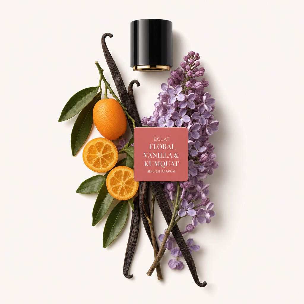 Kompozycja z kwiatów bzu, świeżych kumkwatów i lasek wanilii otacza czarną nasadkę z etykietą, reprezentując ÉCLAT Floral Vanilla & Kumquat.