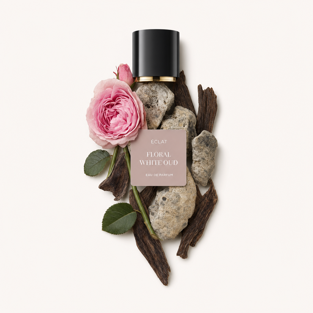Aranżacja dla ÉCLAT Floral White Oud, z różową różą, teksturowanymi kamieniami i ciemnymi kawałkami drewna pod czarną nakrętką ze złotym paskiem.