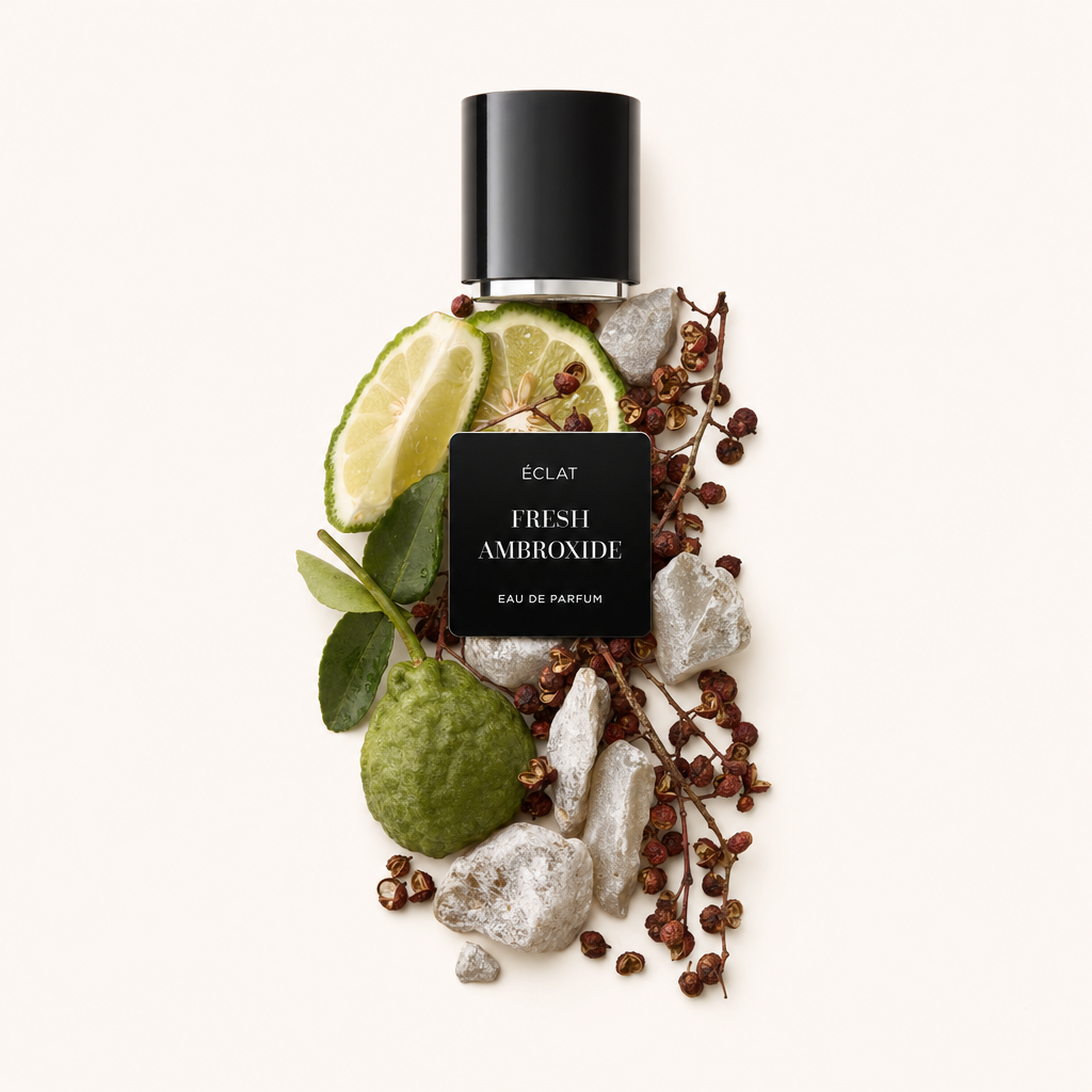 Aranżacja z bergamotki, plasterków limonki i ziaren pieprzu elegancko otacza czarną nakrętkę z etykietą ÉCLAT Fresh Ambroxide.