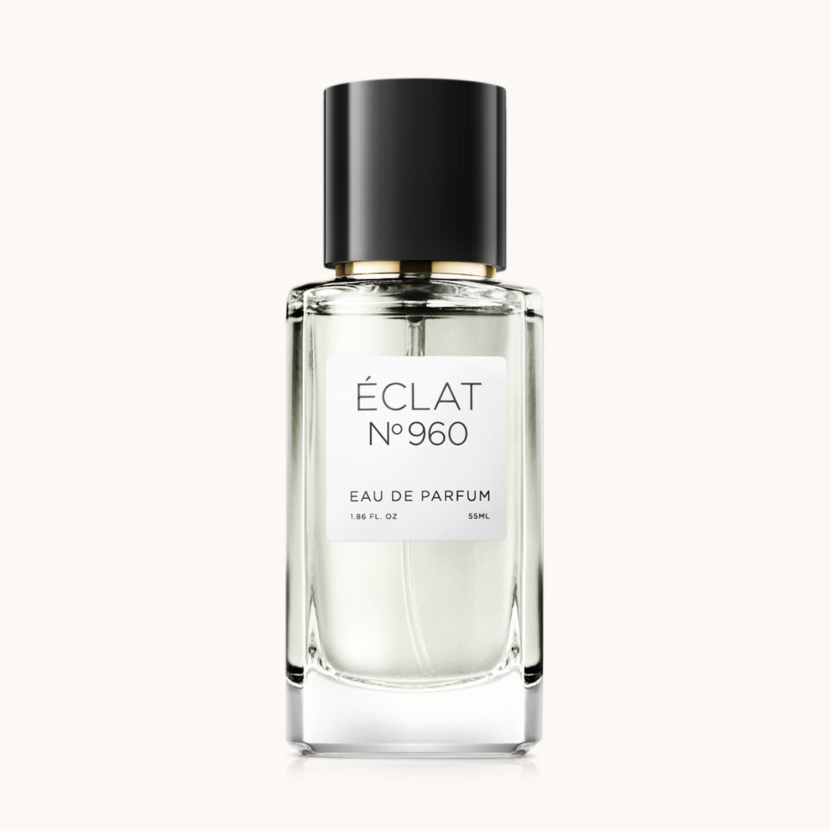 ÉCLAT Fresh Ginger w szklanej, fasetowanej butelce z eleganckim czarnym korkiem i minimalistyczną białą etykietą.