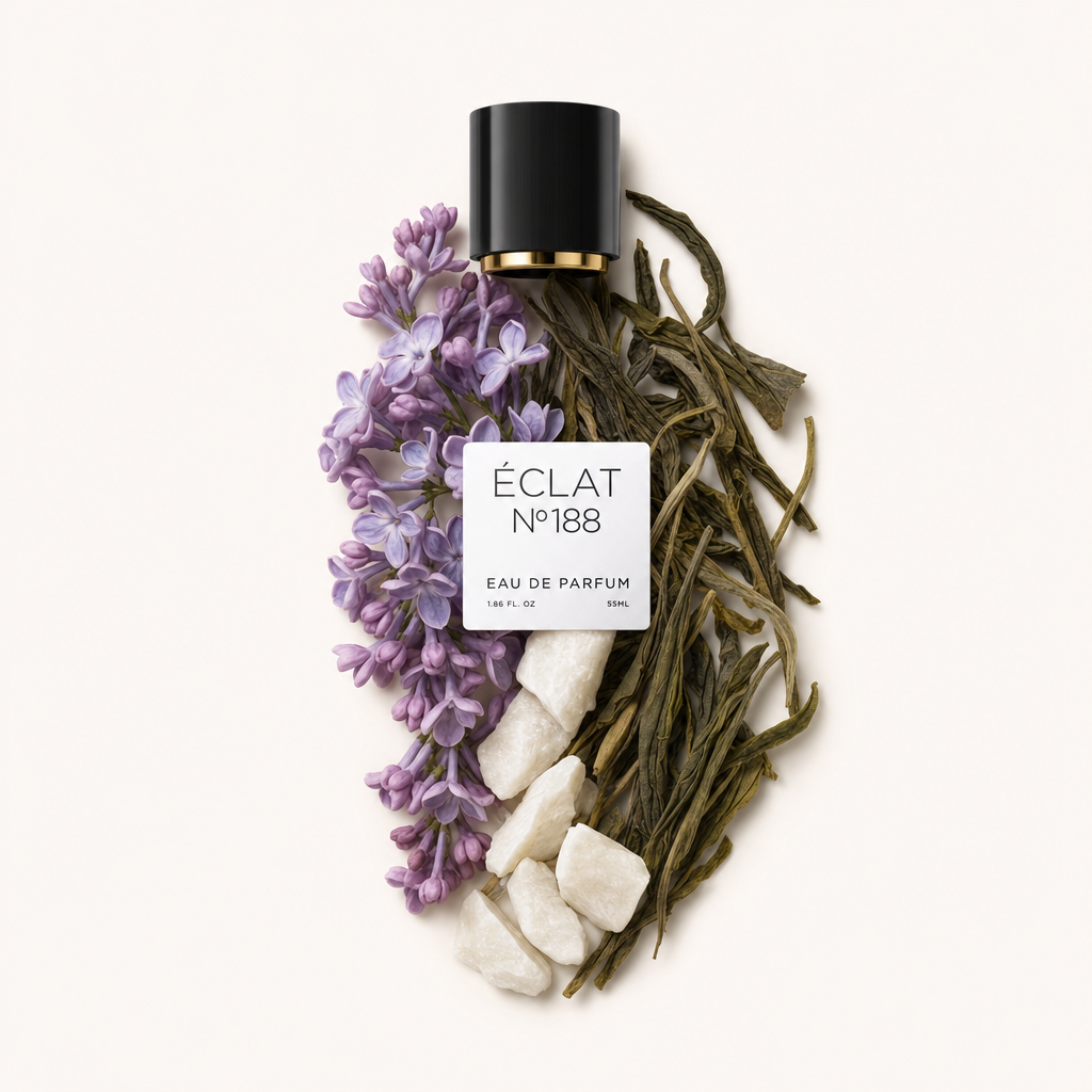Aranżacja z kwiatów bzu, liści zielonej herbaty i białych kamieni obok czarnej nakrętki ze złotym akcentem i etykietą ÉCLAT Fresh Lilac.