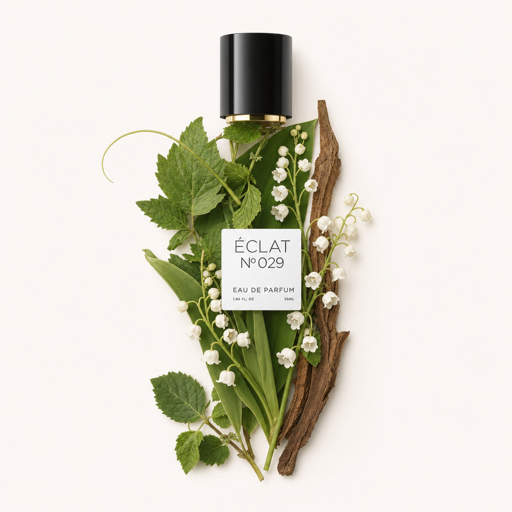 Kompozycja z świeżych konwalii majowych, zielonych liści i kawałka kory elegancko otacza czarną nasadkę z etykietą ÉCLAT Fresh Lily Of The Valley.