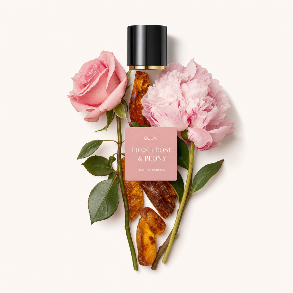 Kompozycja ze świeżych różowych kwiatów róży i piwonii z bursztynem oraz oryginalnym czarnym korkiem z etykietą ÉCLAT Fresh Rose & Peony.