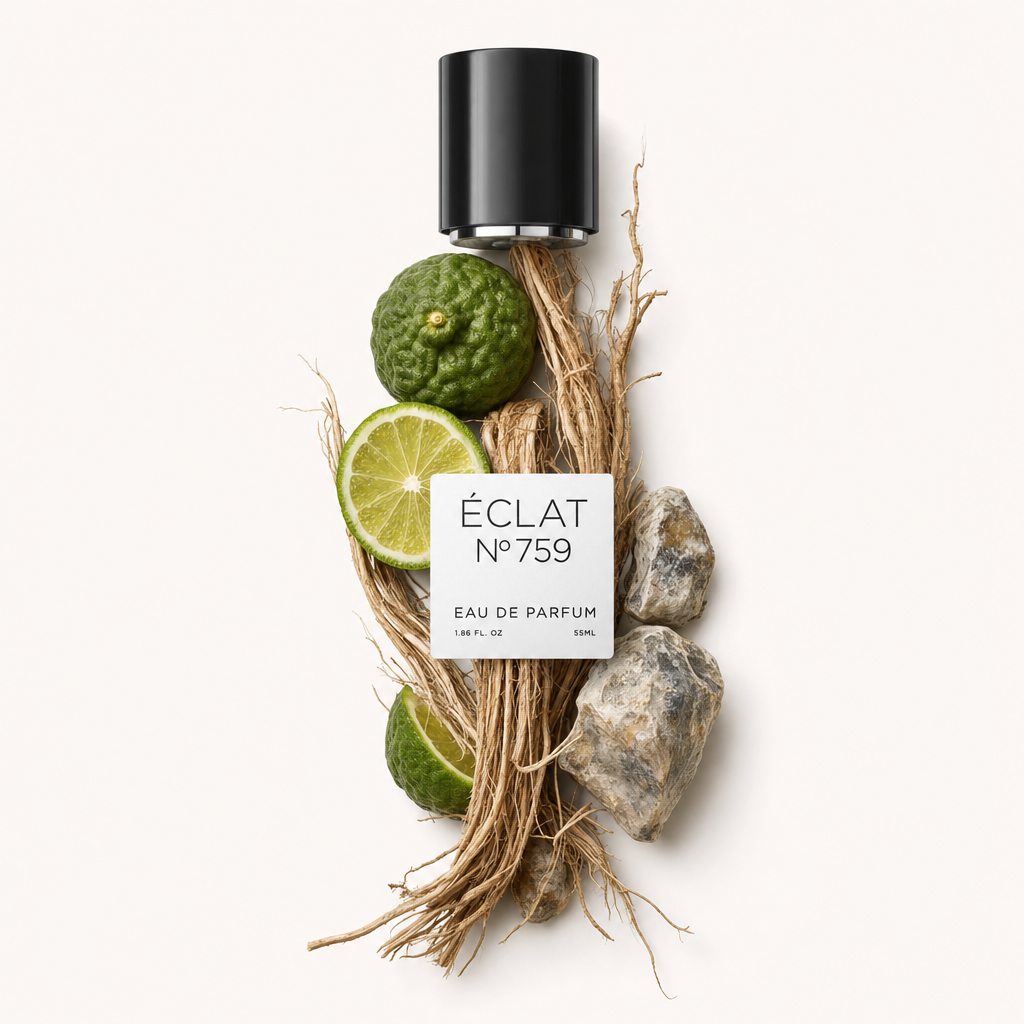 Kompozycja z korzeni wetiweru, połówki limonki i bergamotki otacza czarną nasadkę z etykietą ÉCLAT Fresh Vetiver.