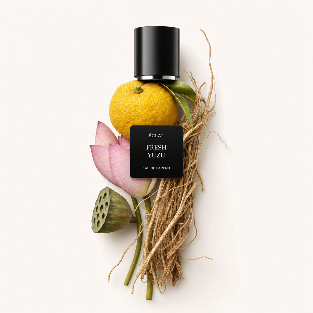 Aranżacja ze świeżego owocu yuzu, różowych płatków lotosu i suszonej trawy otacza czarną nakrętkę z etykietą ÉCLAT Fresh Yuzu.