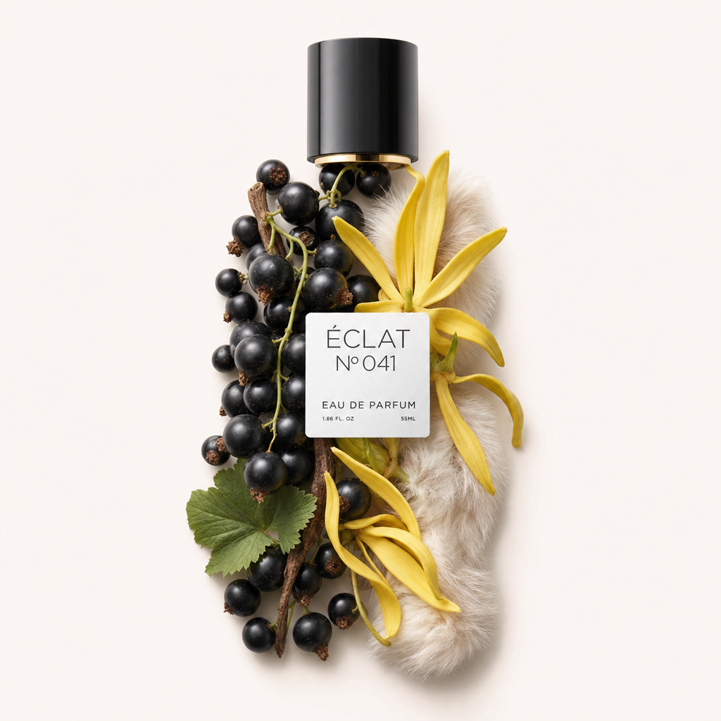 Kompozycja z czarnych porzeczek, kwiatów ylang-ylang i lasek wanilii otacza czarną nakrętkę z etykietą z nazwą ÉCLAT Fruity Cassis.