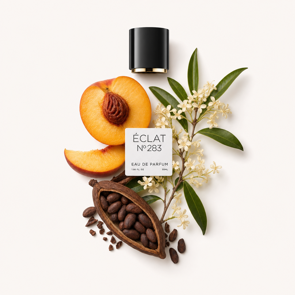 Aranżacja plasterków brzoskwini, ziaren kakao z łupiną i delikatnych białych kwiatów obok czarnej nakrętki z etykietą, reprezentująca ÉCLAT Fruity Cocoa.