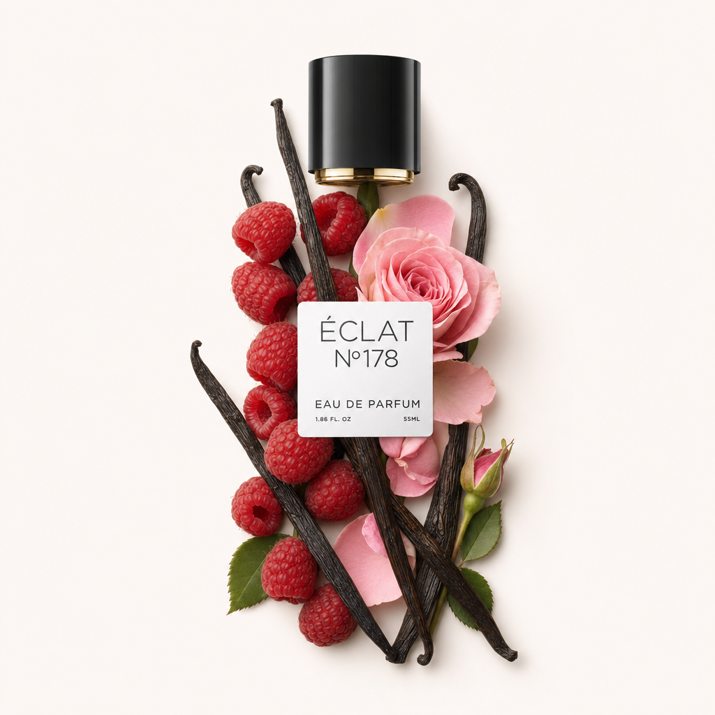 Kompozycja z malin, różowych płatków róż i waniliowych strąków pod czarną nakrętką z etykietą ÉCLAT Fruity Dark Rose.