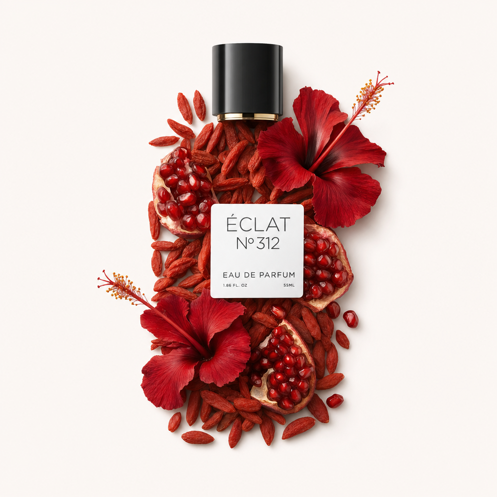Delikatna aranżacja z żywych czerwonych kwiatów hibiskusa, nasion granatu i jagód goji otacza oryginalną czarną nakrętkę z etykietą ÉCLAT Fruity Hibiskus.