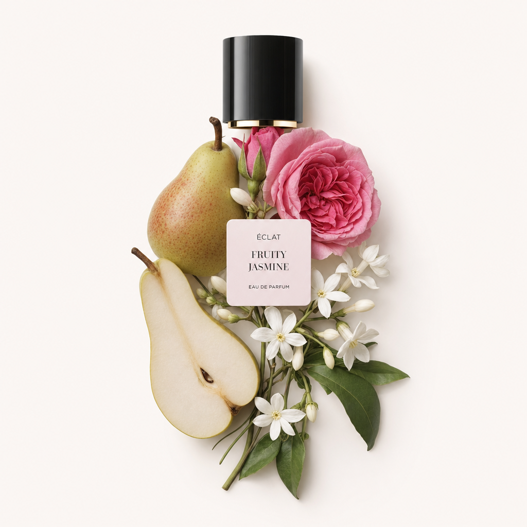 Aranżacja z gruszki, różowej róży i kwiatów jaśminu z zielonymi liśćmi otacza czarną zakrętkę z etykietą ÉCLAT Fruity Jasmine.