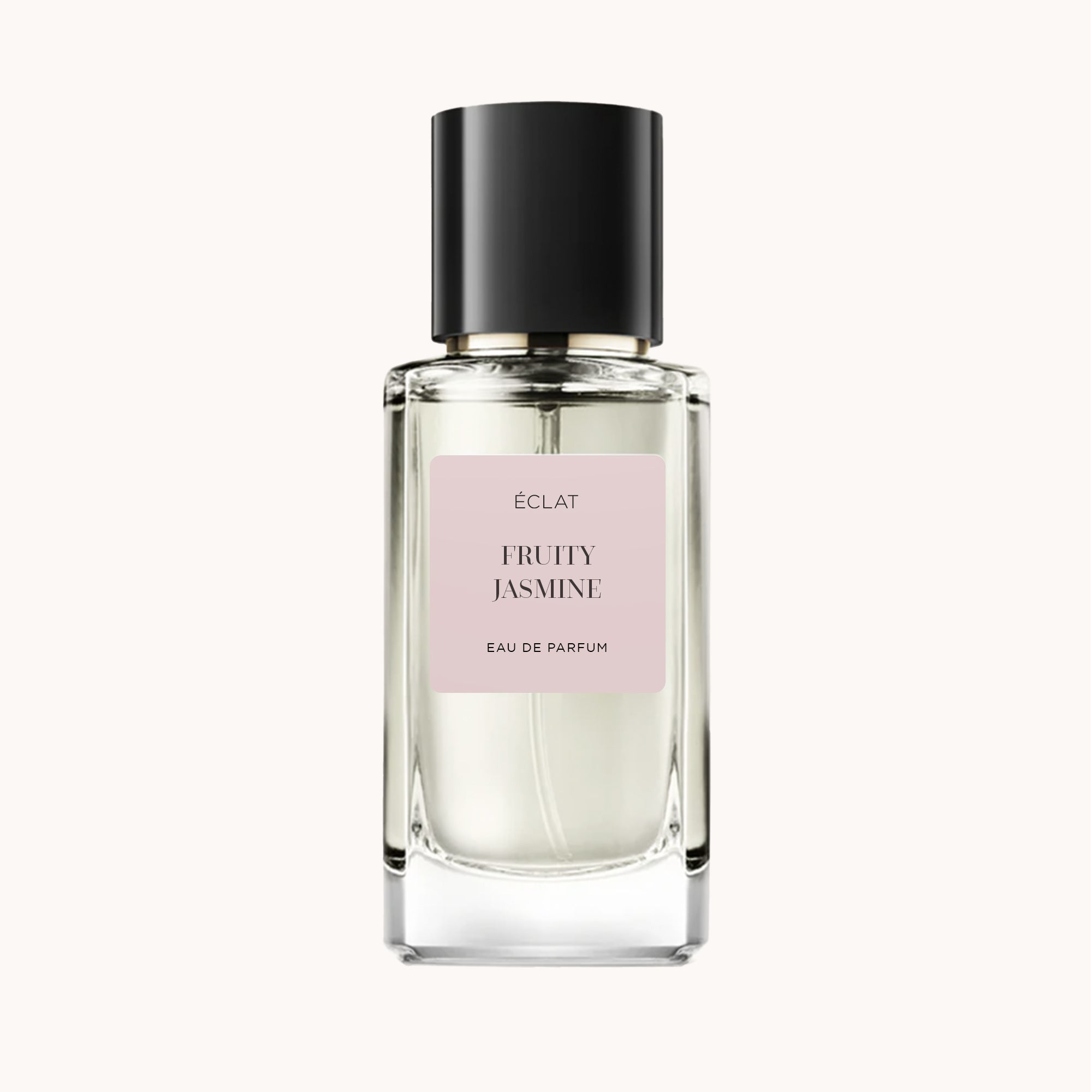 Elegancka szklana butelka ÉCLAT Fruity Jasmine z błyszczącą czarną nakrętką i delikatną różową etykietą.