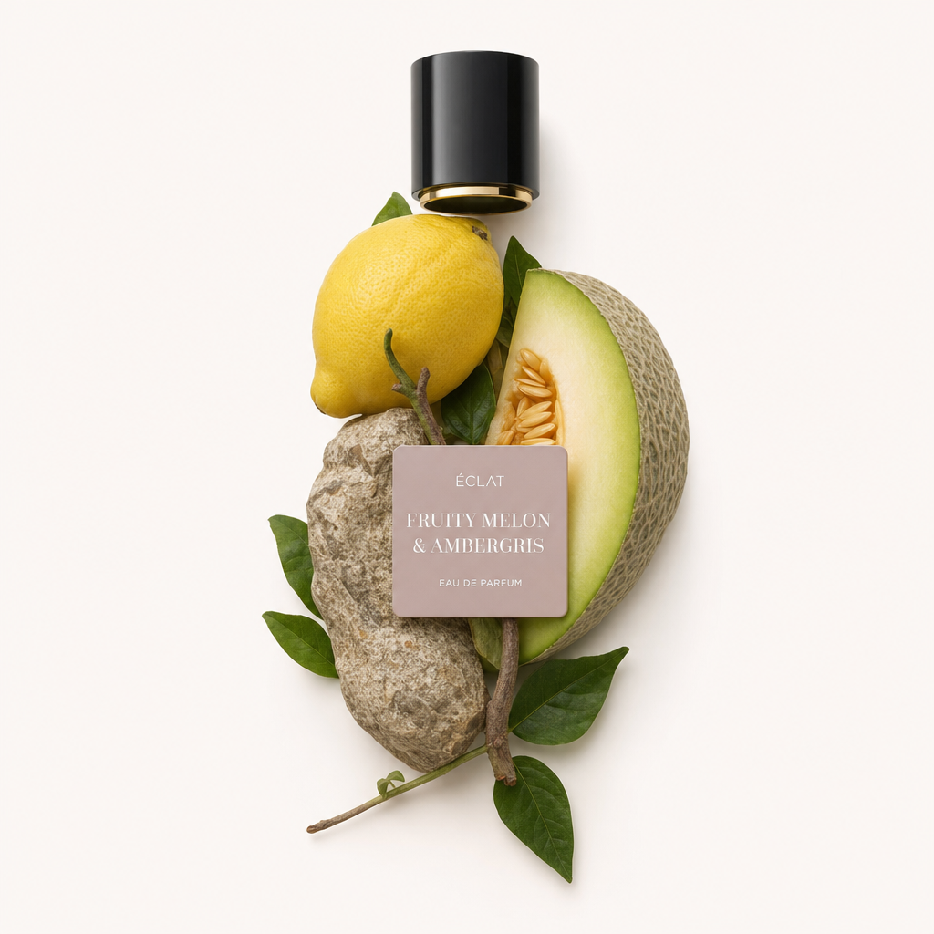 Kompozycja z cytryny, plastra melona i kamienia ambry, ułożona z zielonymi liśćmi, zwieńczona czarną nakrętką z etykietą ÉCLAT Fruity Melon & Ambergris.