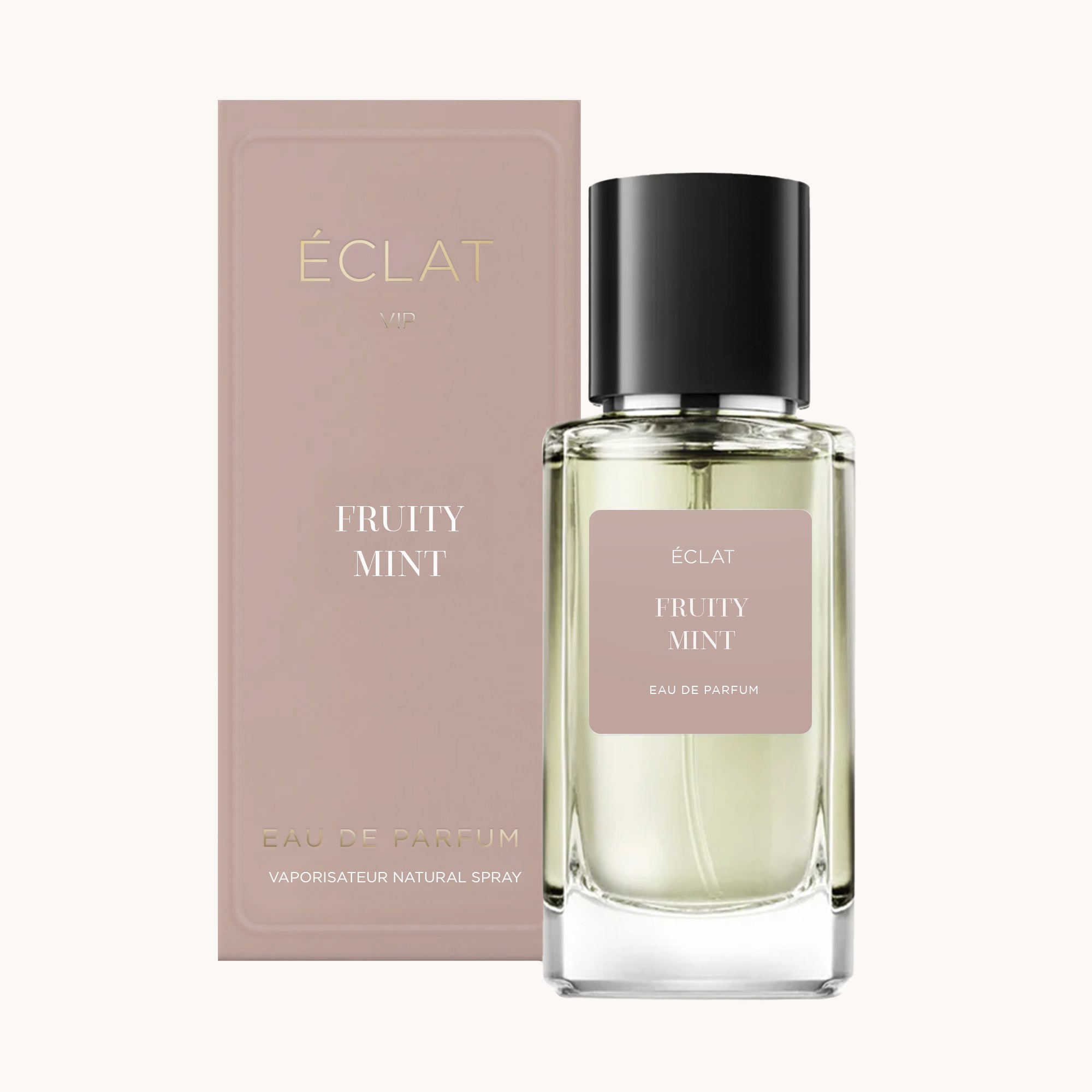 Fasetowana szklana butelka ÉCLAT Fruity Mint z czarną nakrętką, obok matowego beżowego opakowania.