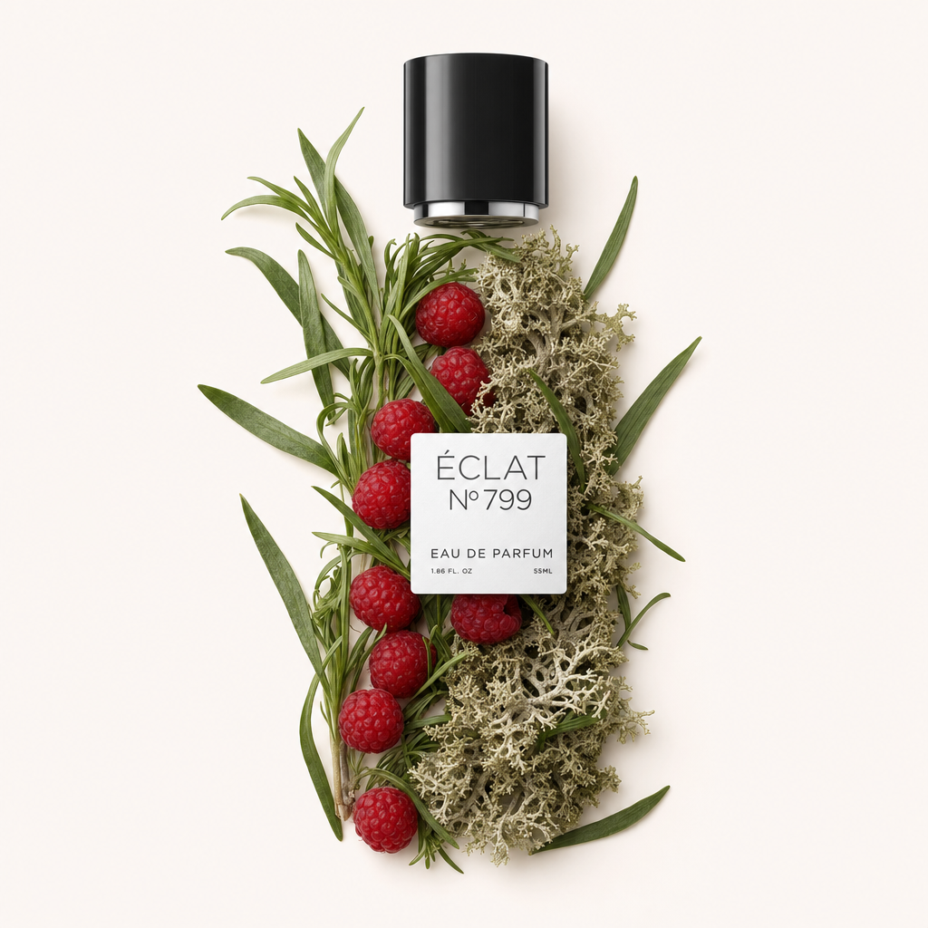 Kompozycja z malin, zielonych liści i mchu dębowego otacza czarną nasadkę z etykietą ÉCLAT Fruity Oak Moss.