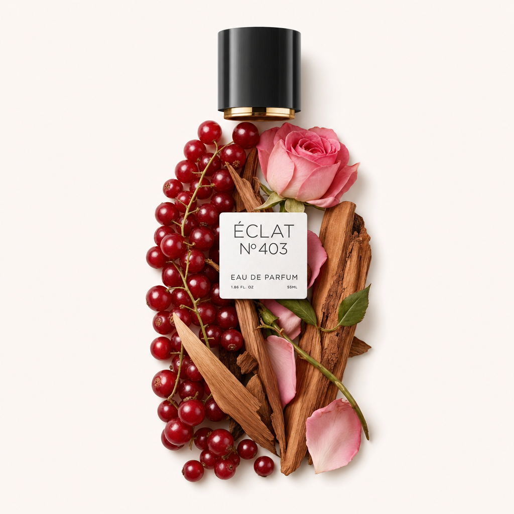 Kompozycja z czerwonych porzeczek, różowych płatków róży i wiórków drewnianych otacza czarną zakrętkę z etykietą ÉCLAT Fruity Rose.