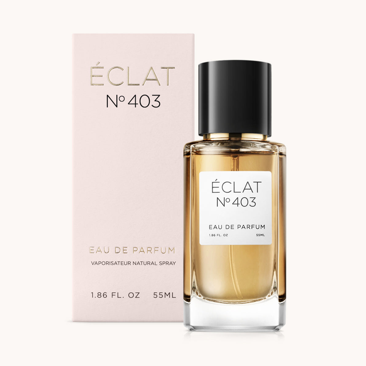 ÉCLAT Fruity Rose w fasetowanej szklanej butelce z czarną nakrętką, towarzyszy jej eleganckie jasnoróżowe pudełko.