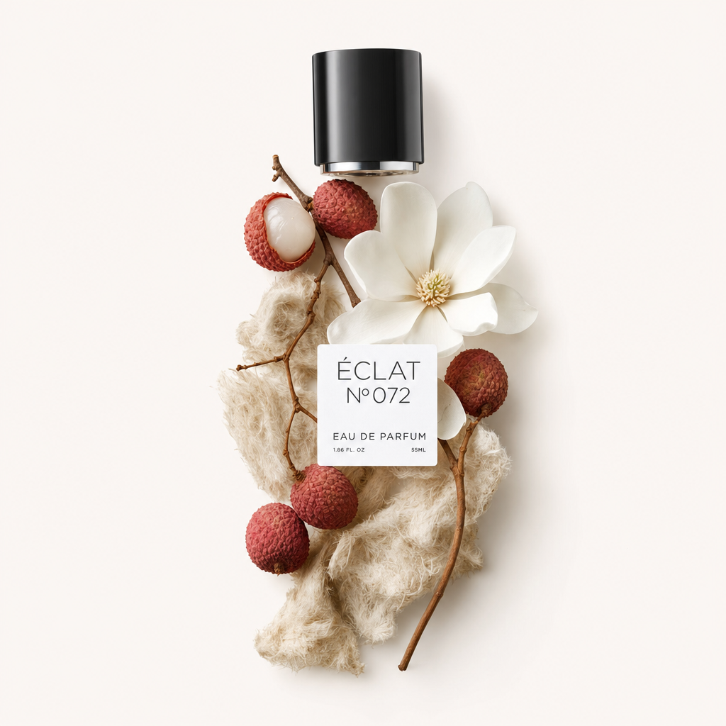 Kompozycja z owoców liczi, kwiatu magnolii i surowej bawełny otacza czarną nakrętkę z etykietą ÉCLAT Ginger & Magnolia.