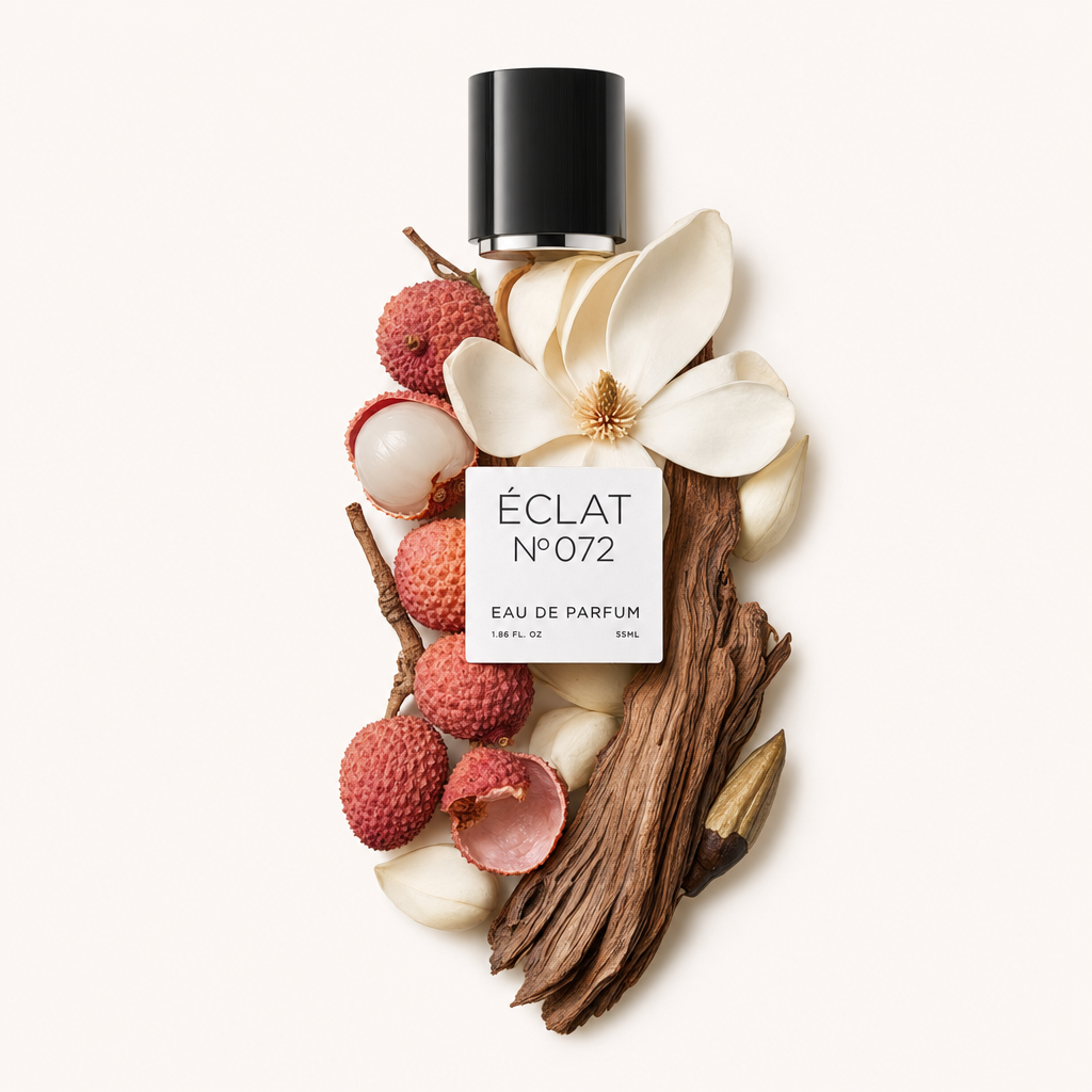 Komedja liczi, kwiatów magnolii i elementów drewnianych otacza czarną nasadkę z etykietą ÉCLAT Ginger & Magnolia.