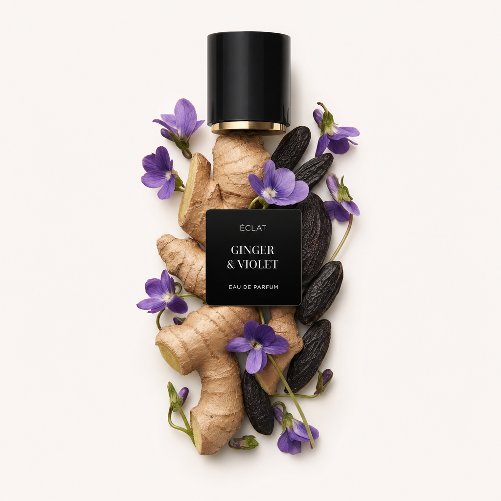 Ręcznie wykonana kompozycja z korzenia imbiru, kwiatów fiołka i fasoli tonka otacza czarną nasadkę z etykietą ÉCLAT Ginger & Violet.