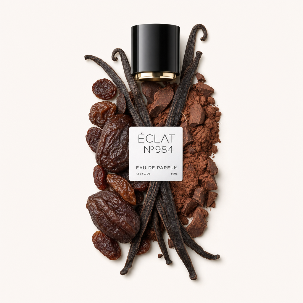 Aranżacja kakao w proszku, lasek wanilii i suszonych owoców otacza czarną nakrętkę z etykietą ÉCLAT Gourmand Cocoa.