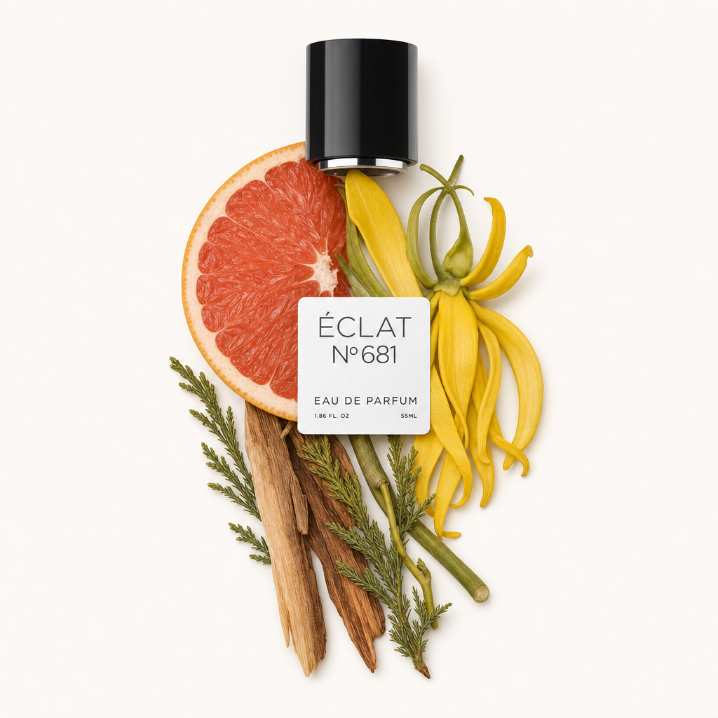 Połówka grejpfruta i żółte kwiaty ylang-ylang artystycznie ułożone z cedrem i innymi roślinami, zwieńczone oryginalnym czarnym korkiem z etykietą ÉCLAT.