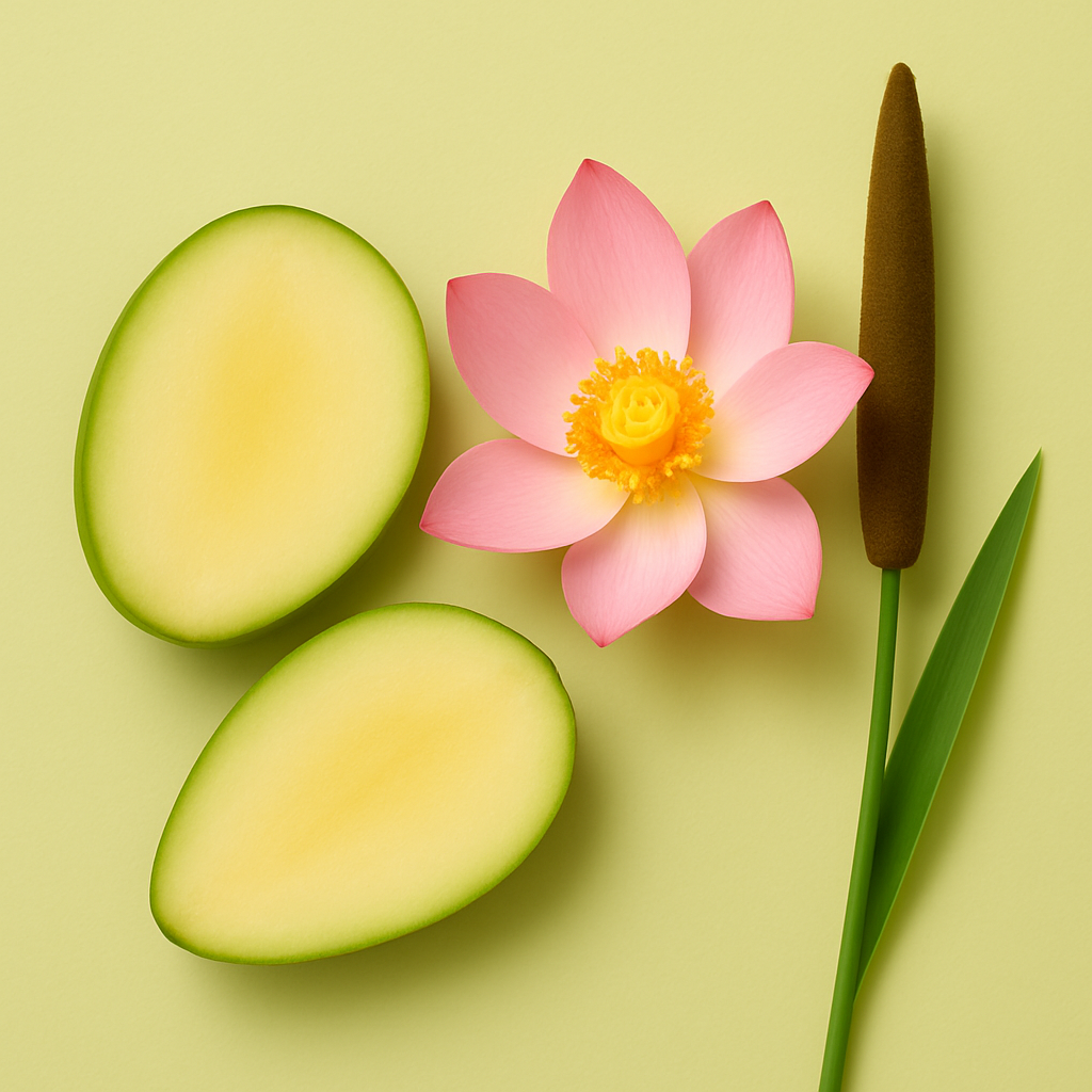 Połówka zielonego mango obok różowego kwiatu lotosu i pałki na jasnym zielonym tle, przywołując esencję ÉCLAT Green Mango & Lotus.